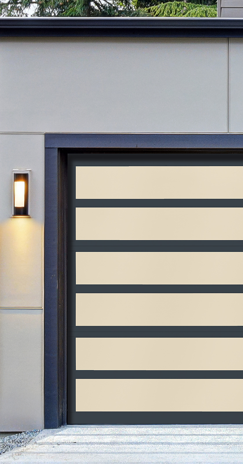 Full view frosted glass garage door on a modern home