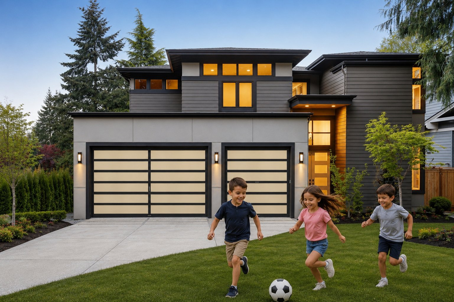 Kids playing safely near a residential garage door