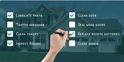 Garage door preventive maintenance checklist over a home with a two-car garage