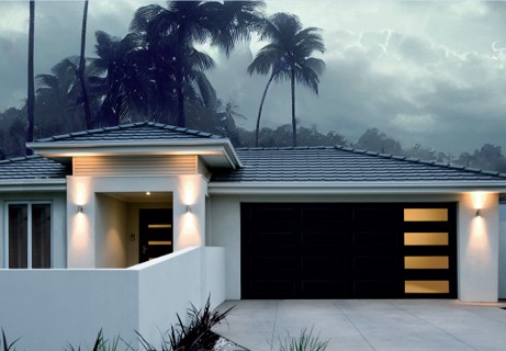 Storm-ready wind load rated garage door on a coastal home